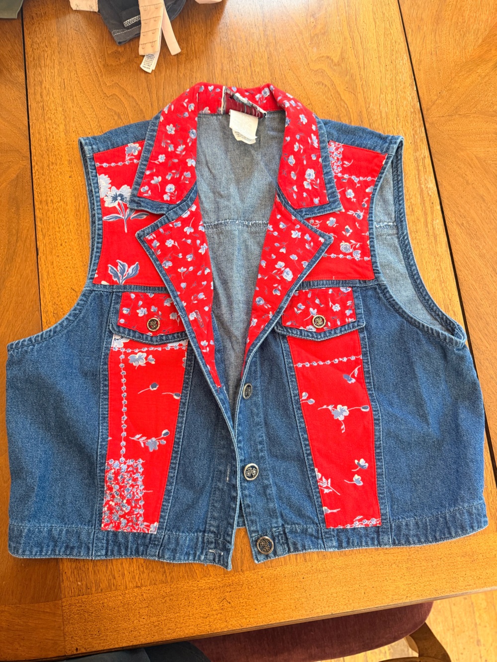 Women’s Denim Vest with Red Floral Bandana Insets